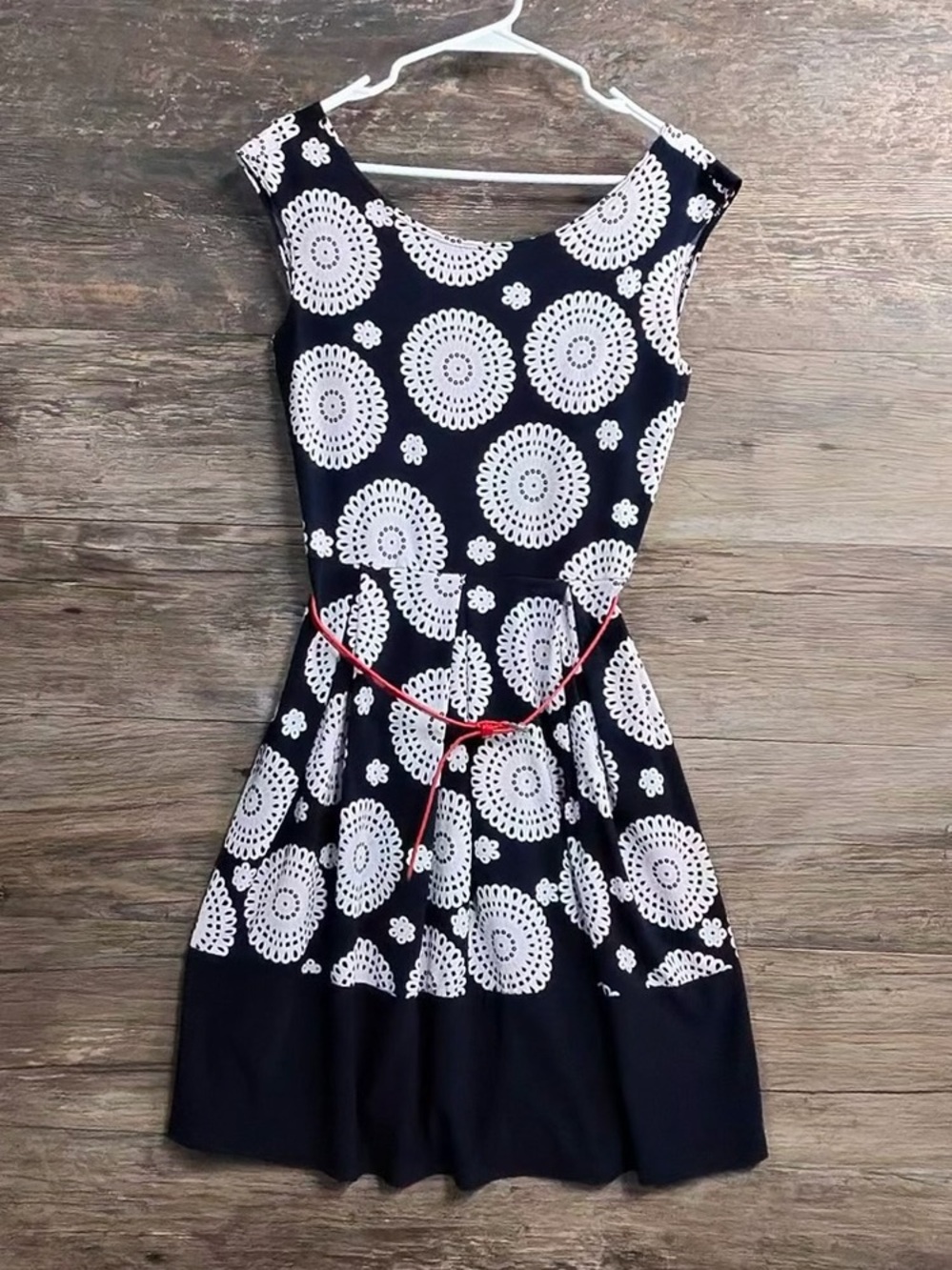 Covington Navy and White Printed Midi Dress with Red Tie